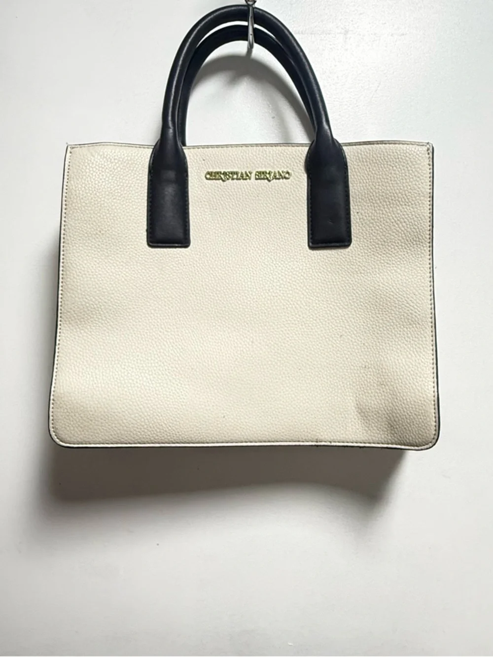 Cream and Black Leather Tote Bag